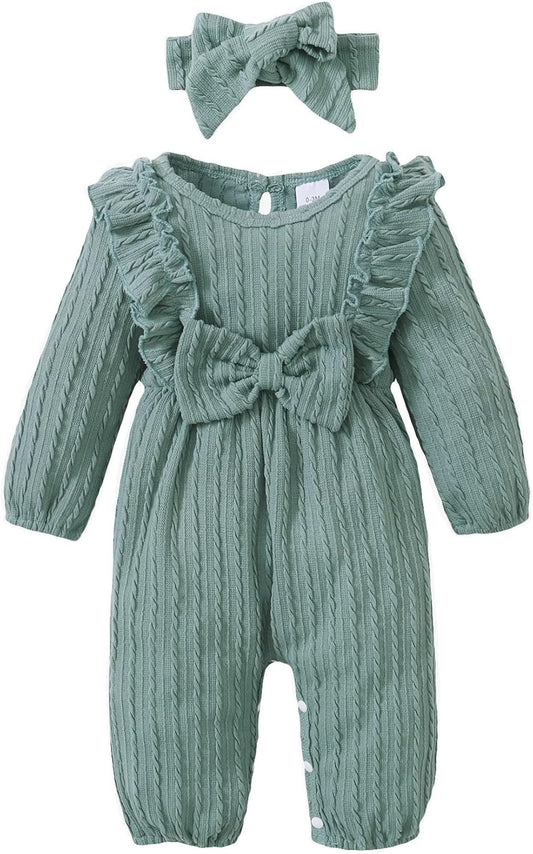 Baby Girl Romper Infant Fall Winter Clothes Ruffle Sweater Long Sleeve Bodysuit Jumpsuit and Headband